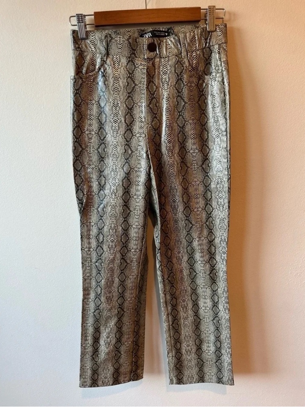Zara Metallic Snake-Print Straight Leg Pants - Taupe
